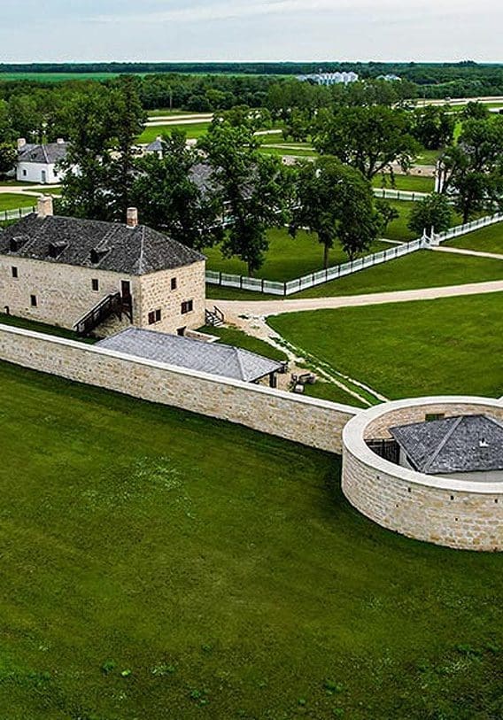 An aerial shot of the Tyndall Stone walls of Lower Fort Garry